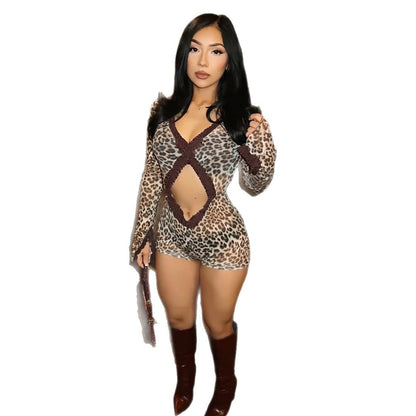 Trendy Leopard Print Bodysuit Slim Fit See-Through Jumpsuit