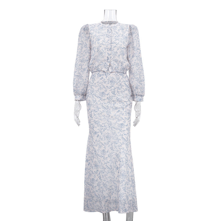 Floral Print High-Waisted Maxi Skirt and Long Sleeve Top Set