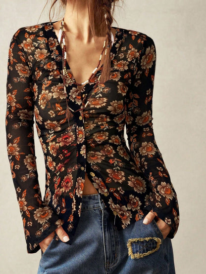 Elegant Floral Print V- Neck Long Sleeve Blouse