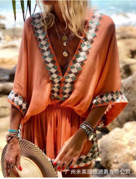 Floral Print Maxi Dress V-Neck Polyester Beachwear
