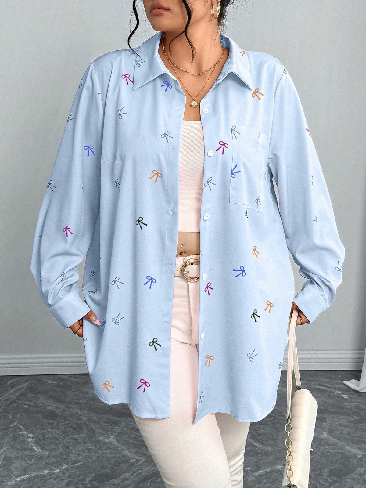 Plus Size Women'S Shirt Jacket With Bow Print Long Sleeves Casual Blouse