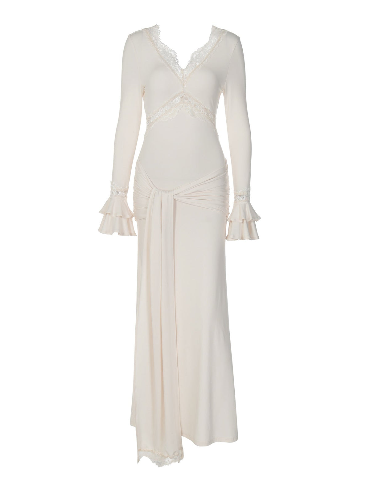 Elegant V-Neck Lace Trimmed Long Sleeve Dress