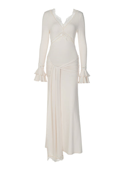 Elegant V-Neck Lace Trimmed Long Sleeve Dress