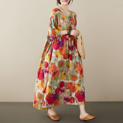 Simple And Fashionable Bohemian Long Dress, New Summer Style, Added Fat, Round Neck, Short Sleeved, Middle-Aged And Elderly Mom'S Dress