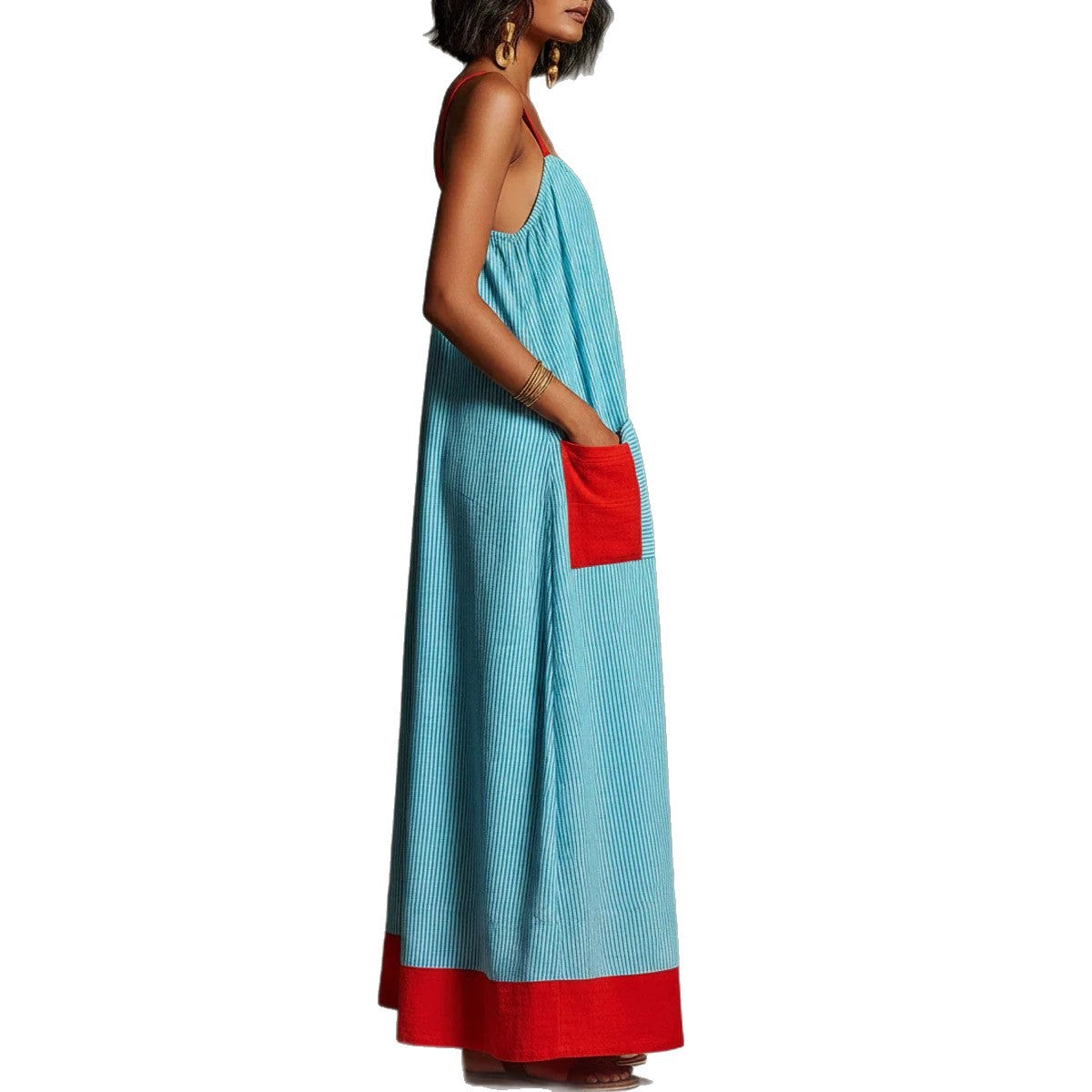 Women's Vacation Linen-Cotton Striped Color Block Spaghetti Strap Maxi Dress with Pockets