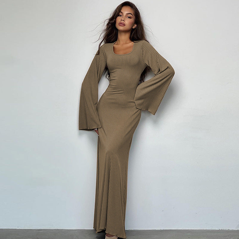 Trendy Casual U-Neck Long Sleeve Dress with Back Tie