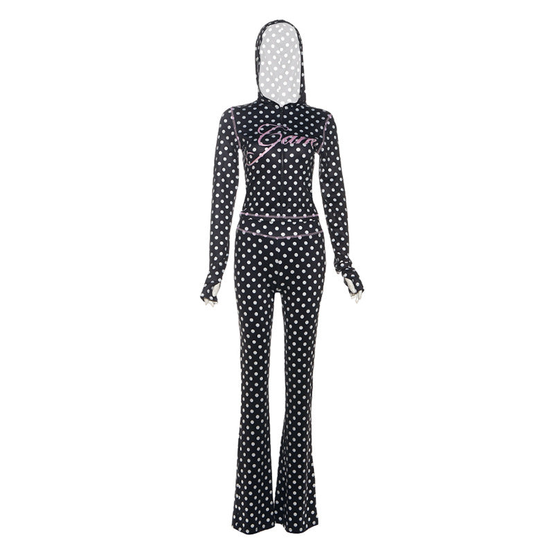 Dot Letter Print Hooded Crop Top And Long Pants Set