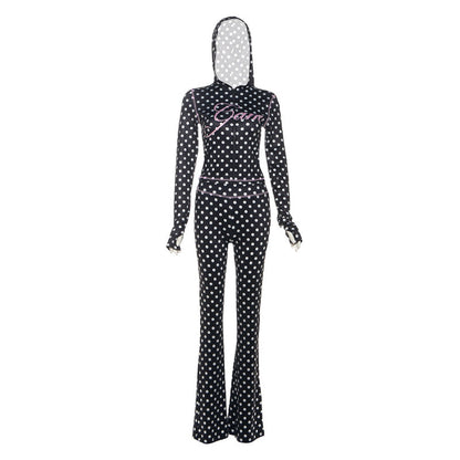 Dot Letter Print Hooded Crop Top And Long Pants Set