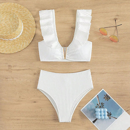 Flounce V-Neck Solid Color Sexy Swimwear