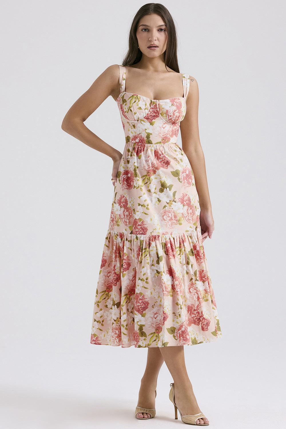 Corset Floral Midi Aline Spaghetti Dress
