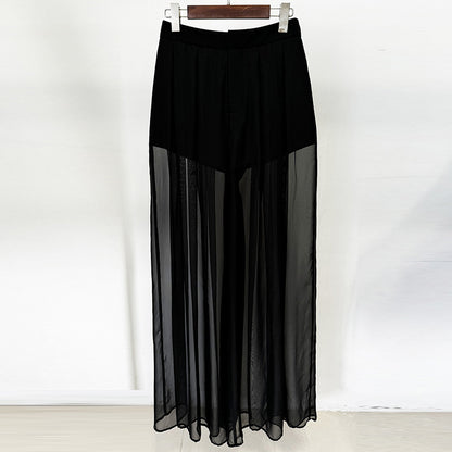 Fashionable Sheer Overlay Embellished Blazer & Chiffon Trousers Set