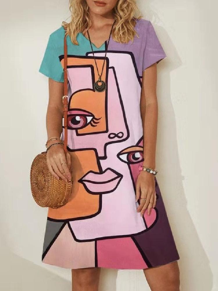 The Pop-Up Face Print V-Neck Short-Sleeve Floral Colorful Women'S Boho Dress