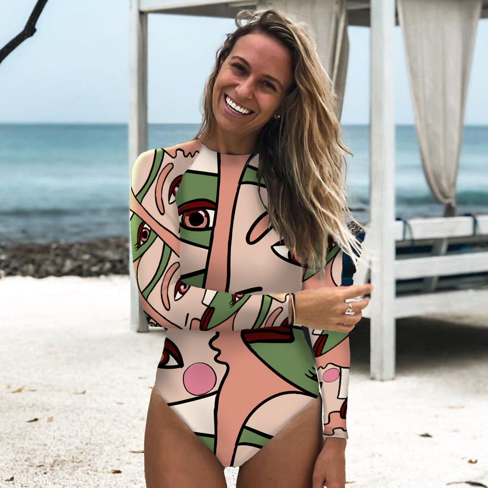 Long Sleeve Abstract Printed One-Piece Swimsuit Women'S Surfing Suit Swimwear Sports Sexy Surfing Wetsuit
