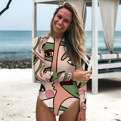 Long Sleeve Abstract Printed One-Piece Swimsuit Women'S Surfing Suit Swimwear Sports Sexy Surfing Wetsuit