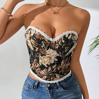 Sexy Floral Bustier Top Backless Vintage Tank Top