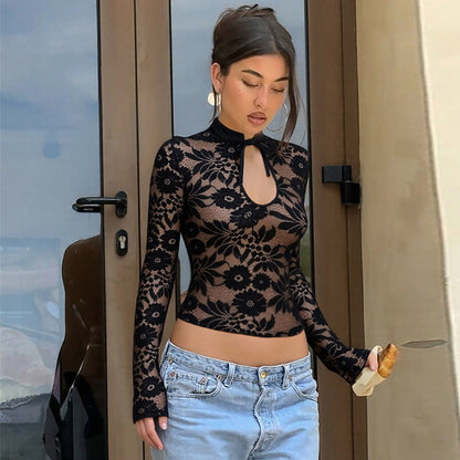 Fashionable Sheer Lace Long Sleeve Top