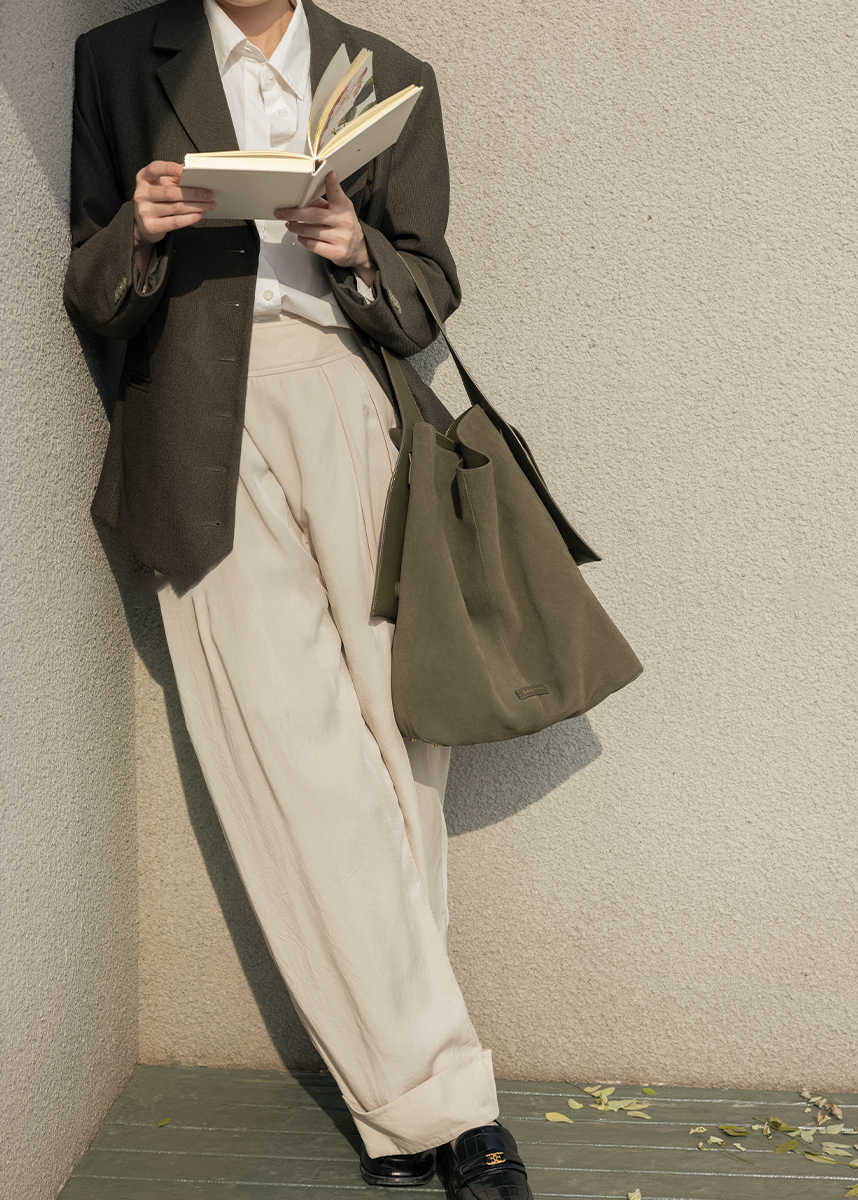 Suede Leather Bucket Tote Bag Brown Green