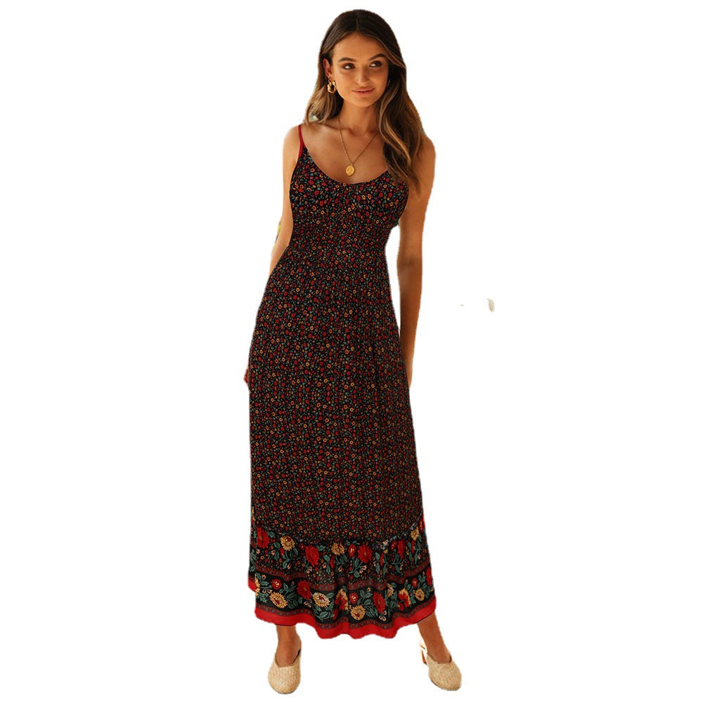 Summer New Swing Skirt Women'S Bohemian V-Neck Suspenders Floral Dress