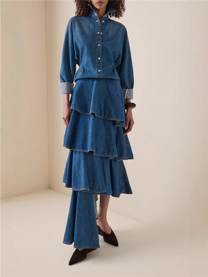 Trendy Denim Two-Piece Set With Asymmetrical Ruffled Skirt
