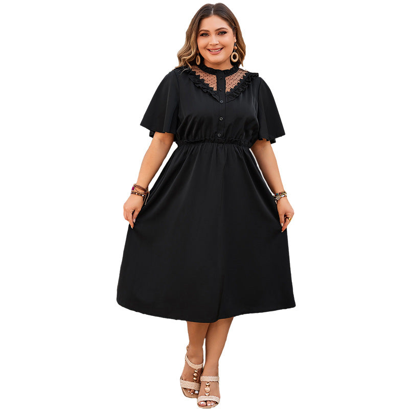 Elegant Black A-Line Dress with V-Neck Lace Trim