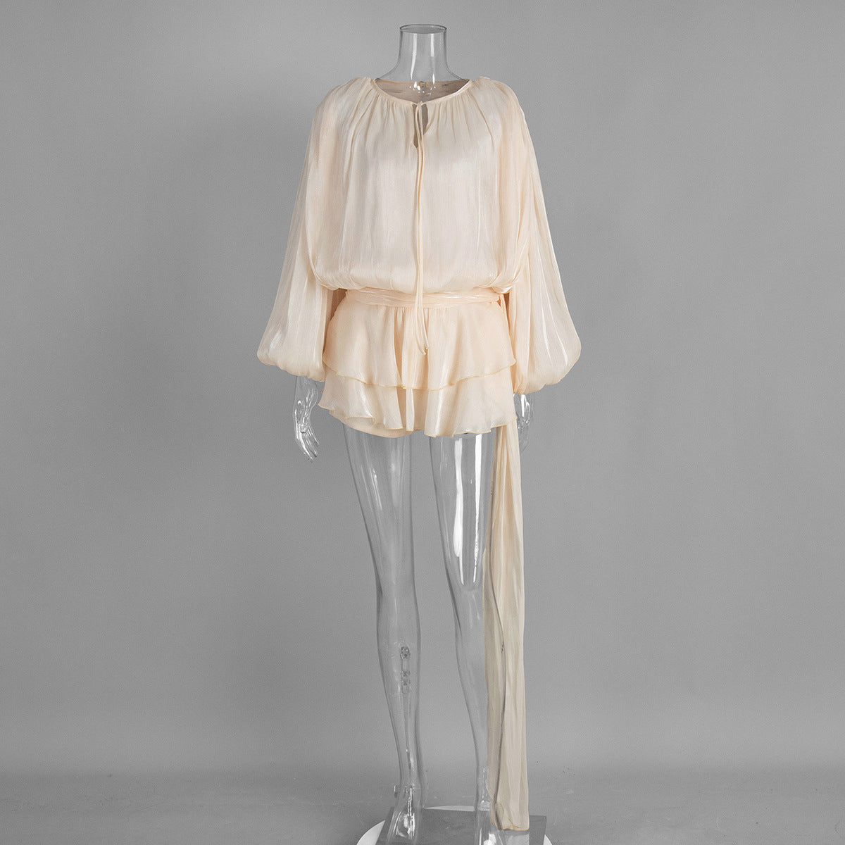 Chiffon Long Sleeve Dress With Lantern Sleeves