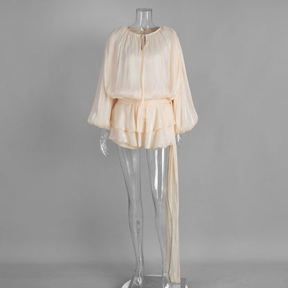 Chiffon Long Sleeve Dress With Lantern Sleeves