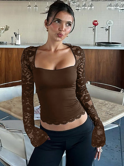 Fashionable Sexy Lace Hollow Long Sleeve Top
