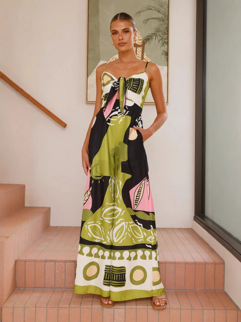 New Waist-Tie Wide Leg Jumpsuit in Blue Green Yellow