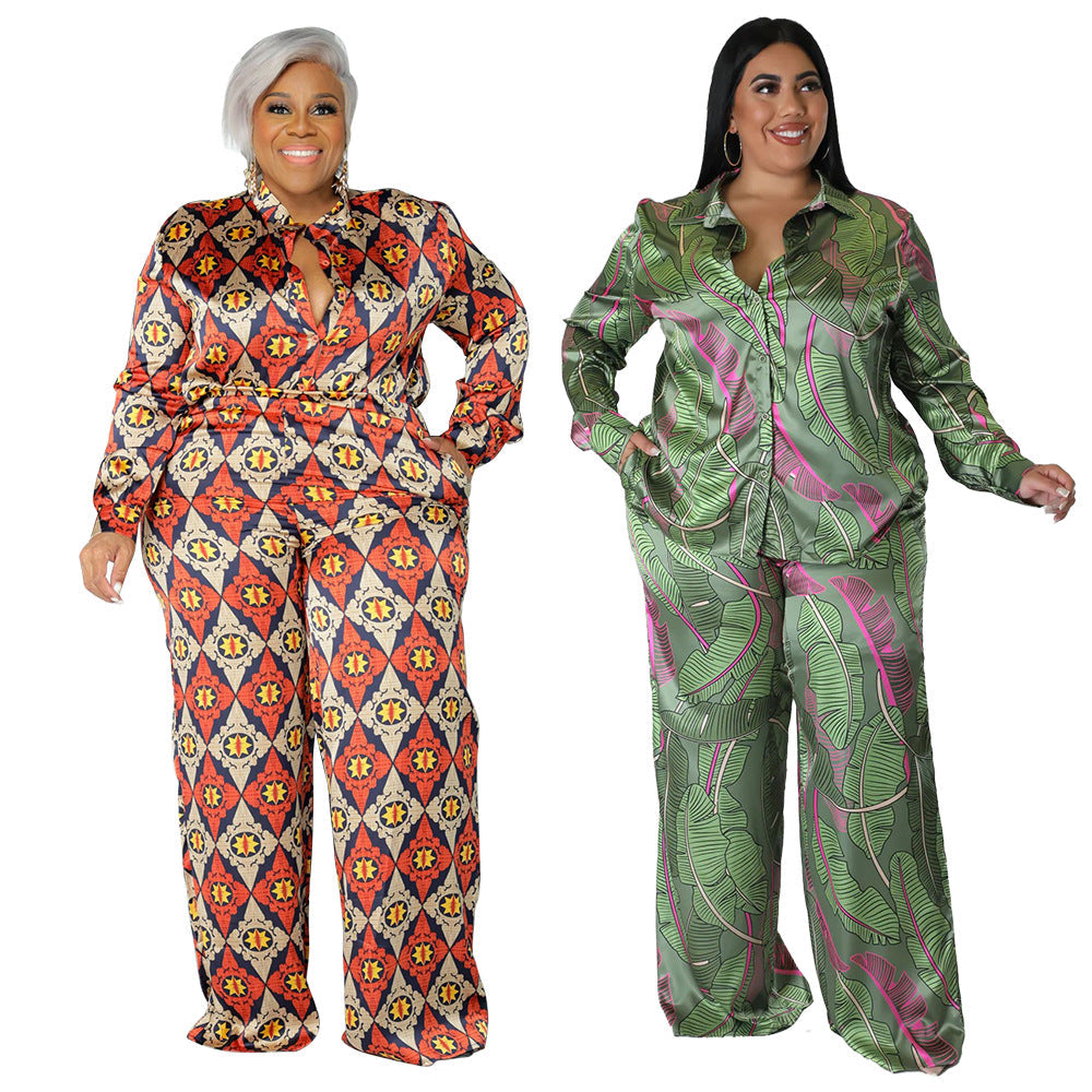 Plus Size Floral Print Silk Feel Long Sleeve Outfit