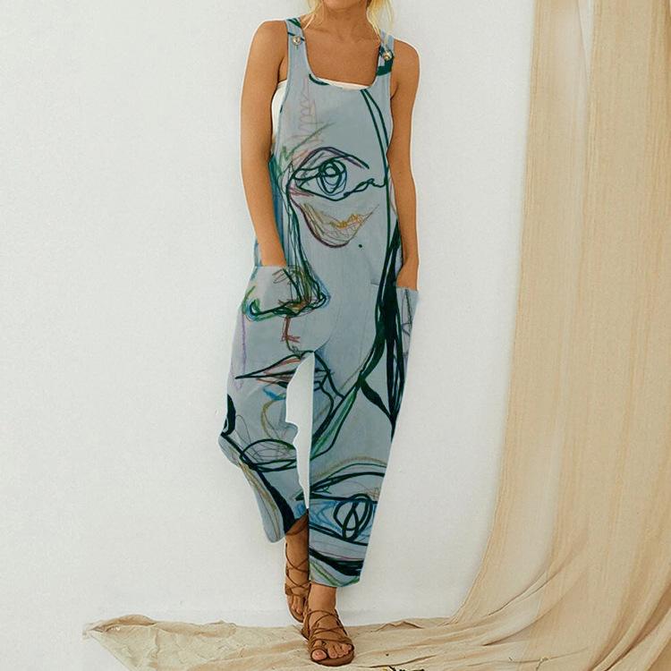Summer Abstract Printing Loose Cotton Linen Suspender Button Suspender Jumpsuit