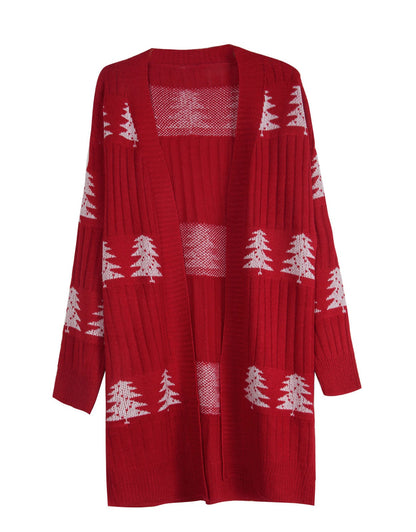Trendy Embroidery Christmas Tree Knit Long Cardigan
