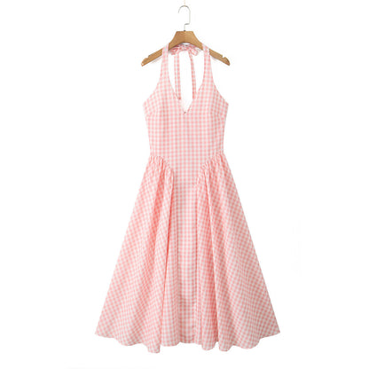Sexy V-Neck Halter Plaid Maxi Dress
