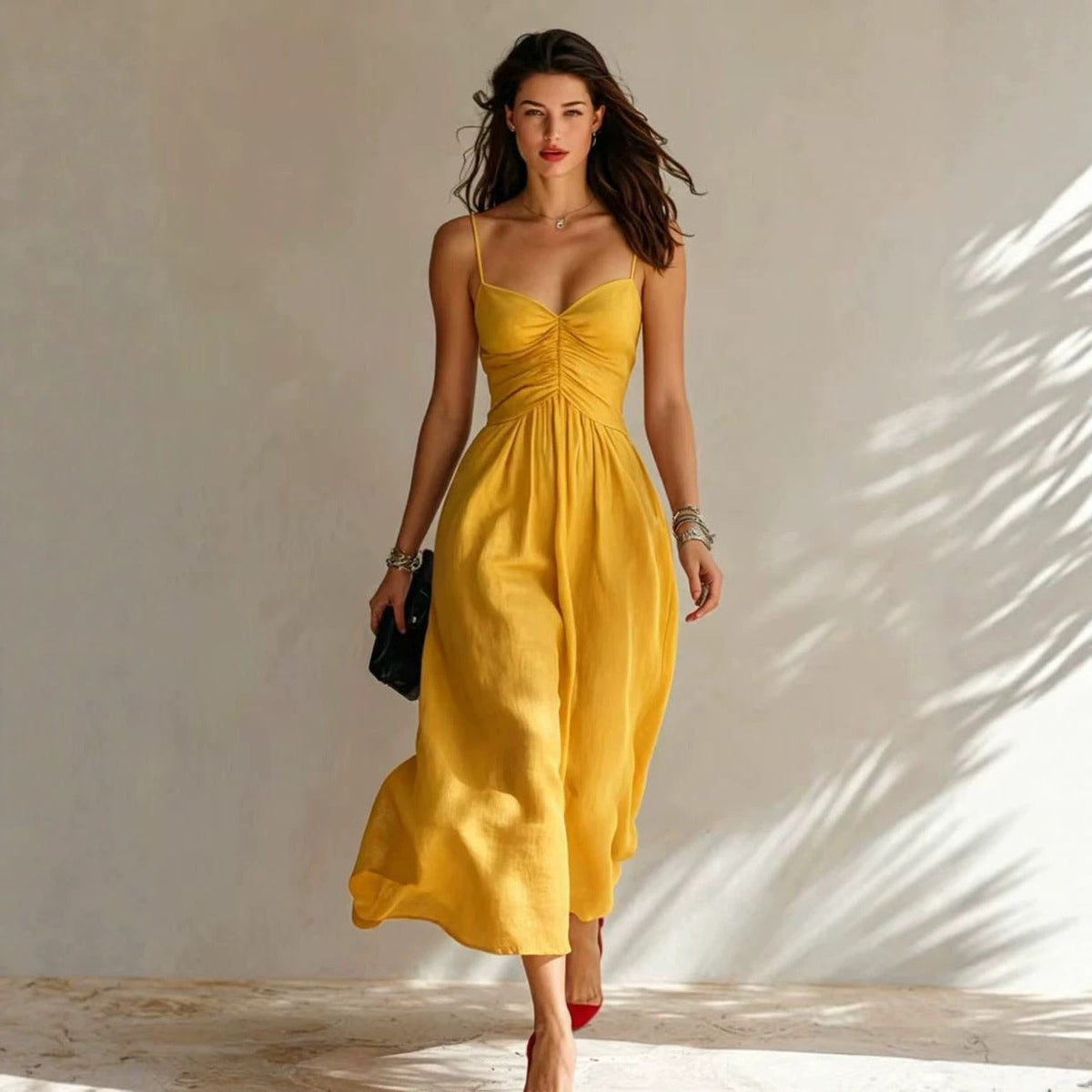 Linen Spaghetti Strap Sweetheart Ruched Bust Flowy Midi Dress