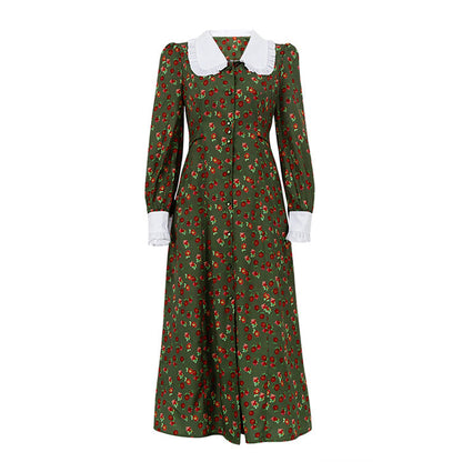 Elegant Floral Long Sleeve Dress with Peter Pan Collar