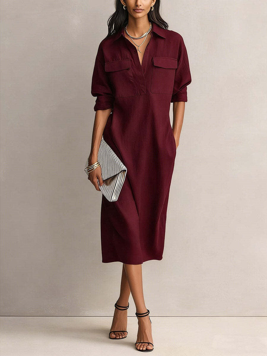 Linen Blend Shirt Midi Dress