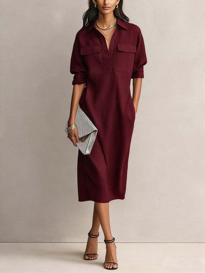 Linen Blend Shirt Midi Dress