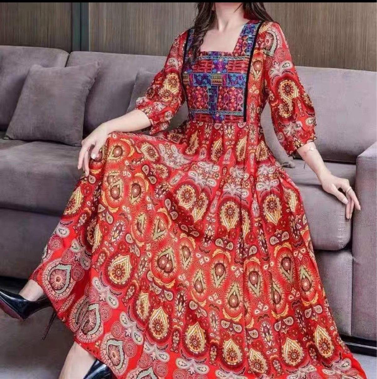 Bohemian Ethnic Style Big Swing Embroidery Dress Women'S Long Dress