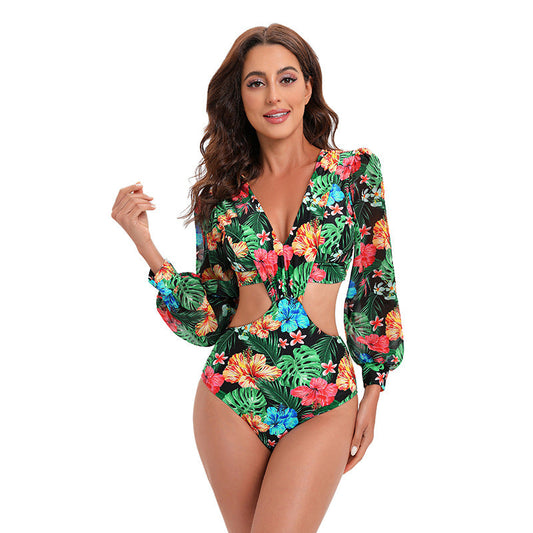 New Open Back Long Sleeved One Piece Swimwear High Waist Lace Up V-Neck Swimwear For Women Bikini