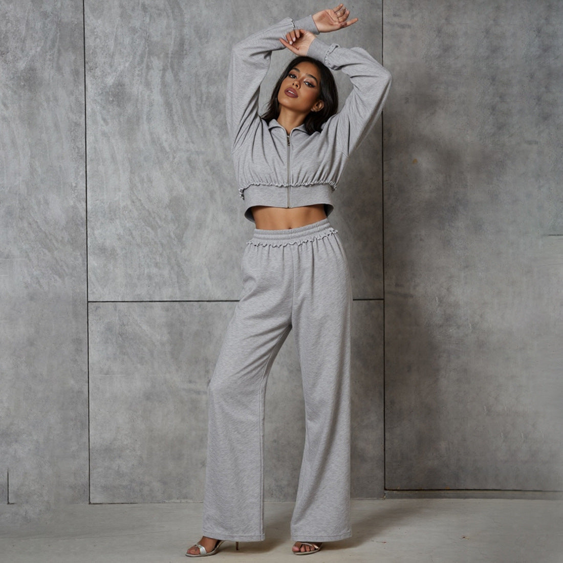 Crop Hooded Jacket And High-Waisted Wide-Leg Pants Set