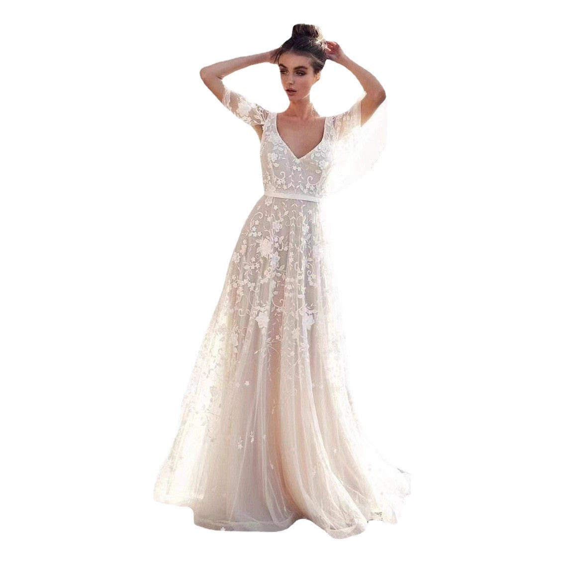 Deep V Neck Lace Back Midi Dress Elegant Evening Gown