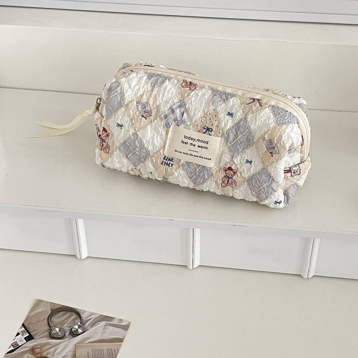 Trendy Quilted Teddy Bear Makeup Bag Portable Travel Organizer