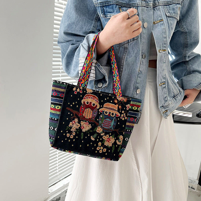 Bohemian Floral Embroidered Tote Bag Stylish Canvas Shoulder Bag