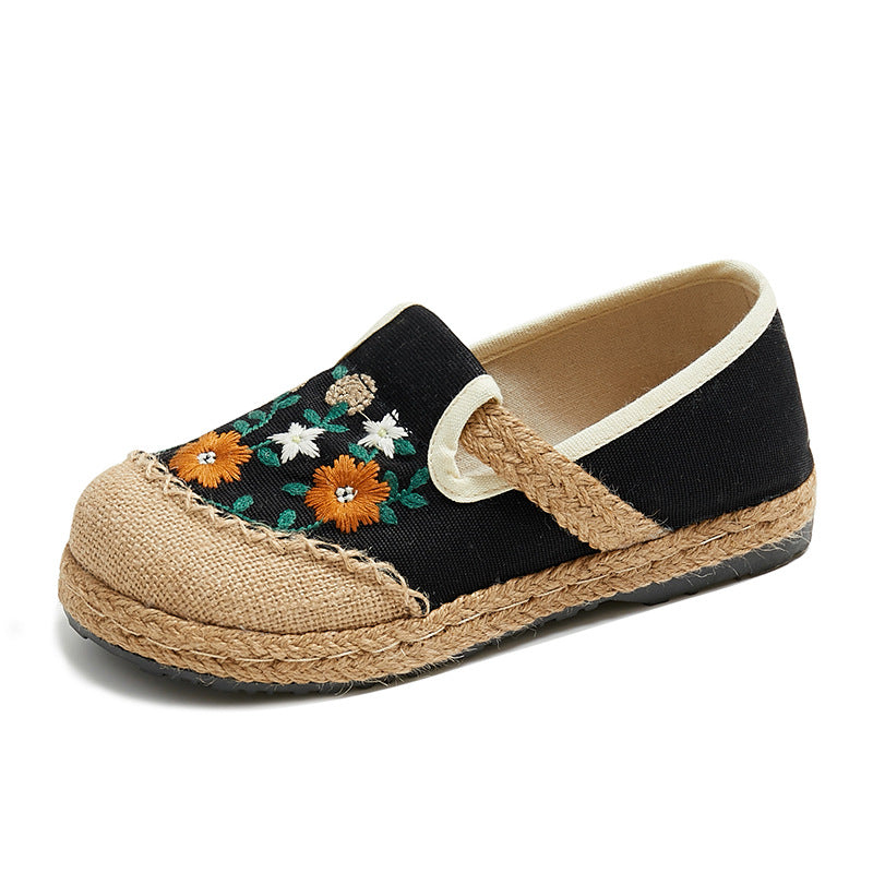 Spring Embroidered Shoes Flat-Heeled, Low-Cut Embroidered Shallow Shoes, Literary And Ethnic Style Women'S Shoes Linen Casual Shoes