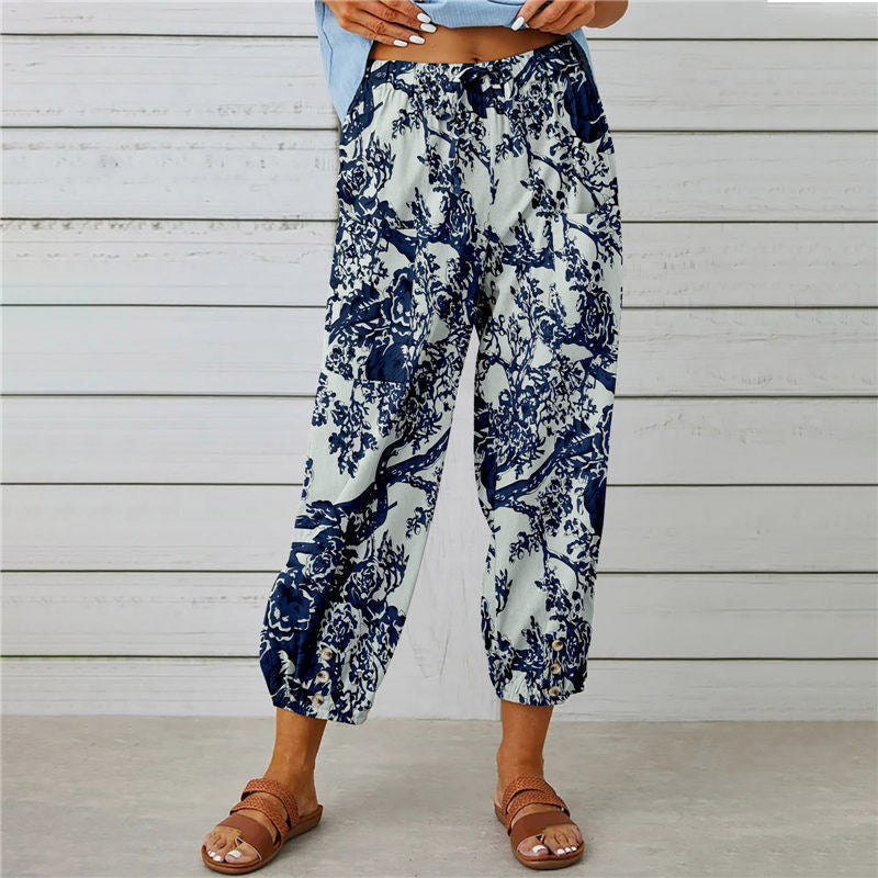 Cotton And Linen Women'S Pants High-Waisted Drawstring Cropped Pants Elasticated Waist Corset Retro Print Pants