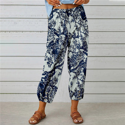 Cotton And Linen Women'S Pants High-Waisted Drawstring Cropped Pants Elasticated Waist Corset Retro Print Pants