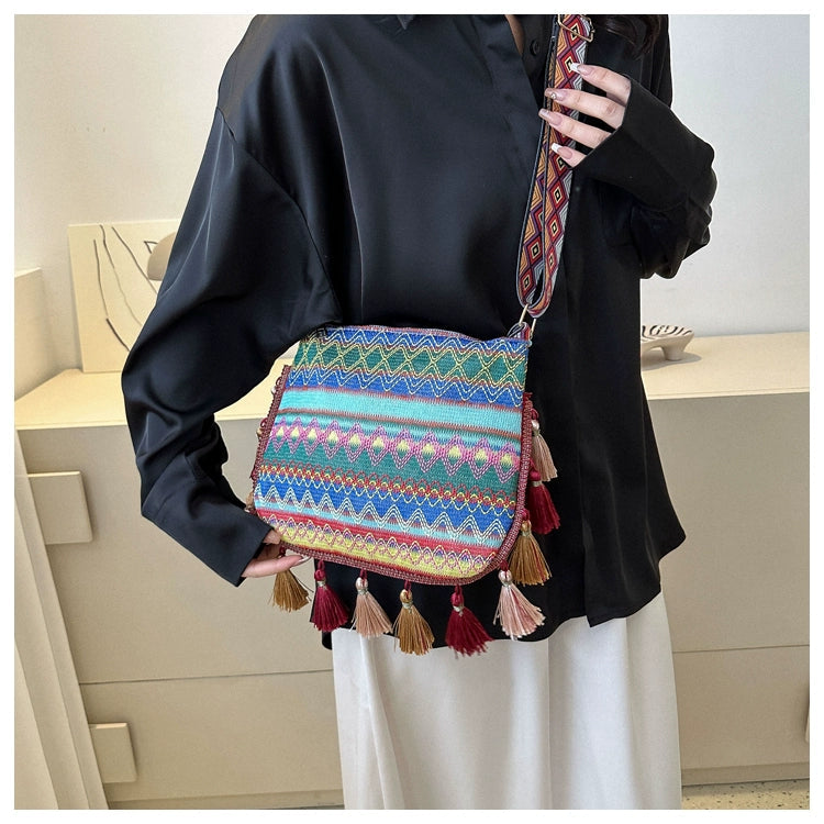 Small Fresh Ethnic Style Crossbody Bag For Women'S New Fashion Versatile Wide Shoulder Strap Single Shoulder Bag Tassel Bucket Bag