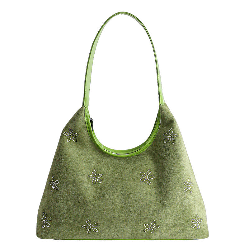 Floral Rhinestone Shoulder Bag Trendy Casual PU Handbag