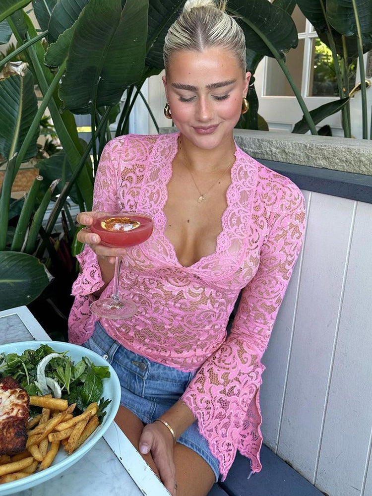 Sexy Deep V Lace Crop Top with Long Sleeves