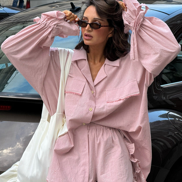 Fashionable Casual Two-Piece Set Women Cotton Ruffled Sleeves Cardigan Top with Shorts