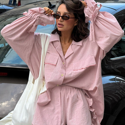 Fashionable Casual Two-Piece Set Women Cotton Ruffled Sleeves Cardigan Top with Shorts